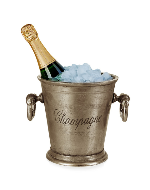 Бутылка шампанского в ведре со льдом со стеблем изолированы на белом фоне
 - Фото, изображение