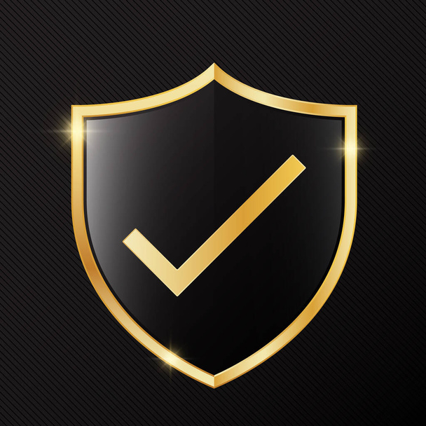 Golden checkmark on black glossy shield vector illustration - Vector, Image