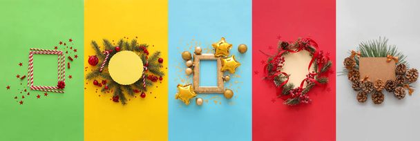 Collage mit weihnachtlichen Kompositionen auf buntem Hintergrund, Draufsicht - Foto, Bild