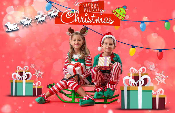 Christmas greeting card with cute elves on red background - Photo, image