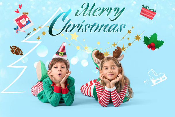 Beautiful Christmas greeting card with cute elves on light blue background - Foto, afbeelding