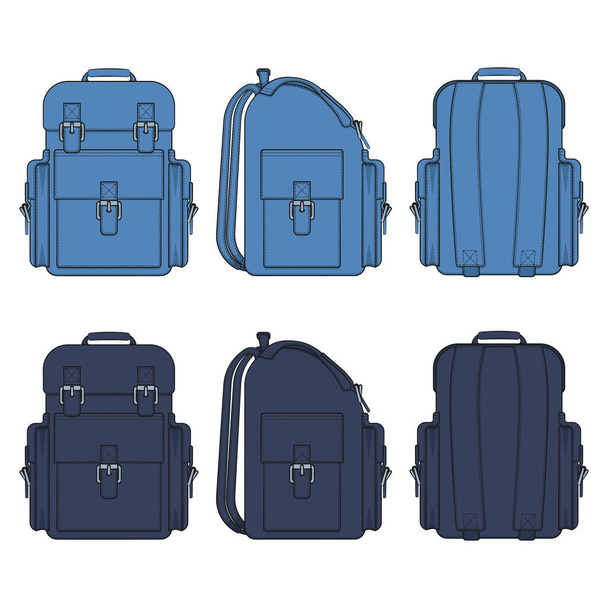 Set of color illustrations with a jeans backpack. Isolated vector objects on white. - Wektor, obraz