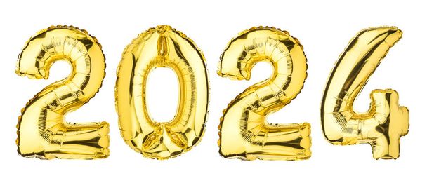 Celebración de Año Nuevo 2024. Globo de helio. Color amarillo dorado de la hoja. Números Dos 2, cuatro 4, cero 0. Bueno para la fiesta, tarjeta de felicitación, publicidad, aniversario. Fondo blanco aislado. Alta resolución - Foto, imagen