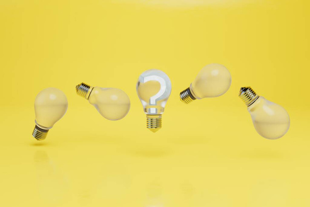 das Konzept der Ideengenerierung. Leere Glühbirnen fliegen um eine Glühbirne mit einem Fragezeichen. 3D-Renderer. - Foto, Bild