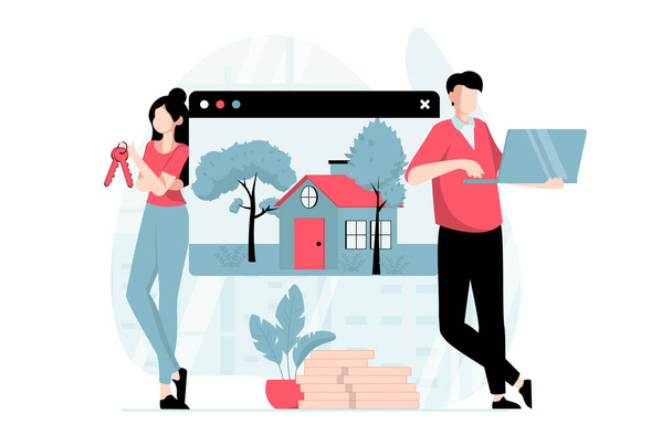 Real estate concept with people scene in flat design. Man and woman invest in new house, get keys of new home and sign contract with realtor. Vector illustration with character situation for web - Vector, Image