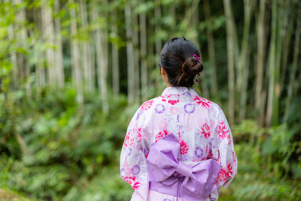 Πίσω όψη της γυναίκας φορούν yukata στο πάρκο - Φωτογραφία, εικόνα