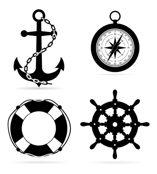 marine equipment anchor compass lifebuoy steering black outline silhouette stock vector illustration isolated on white background - Вектор,изображение