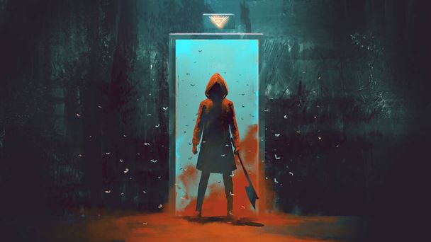 tajemnicza osoba pod czerwoną kurtką trzyma topór przed drzwiami, cyfrowy styl sztuki, obraz ilustracyjny - Zdjęcie, obraz