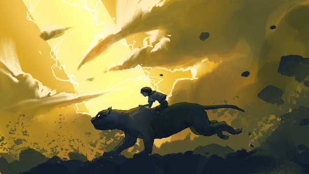 Un niño montado en la parte posterior de una pantera corre en las montañas contra las vigas amarillas en el cielo, estilo de arte digital, pintura de ilustración - Foto, imagen