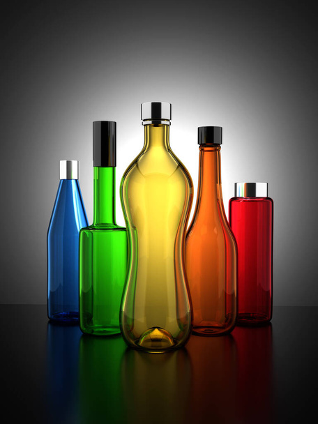 Botellas de vidrio coloridas Realista 3D Ilustración Render en fondo de gradiente - Foto, Imagen
