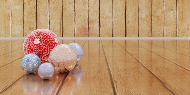 Різдвяний щасливий новорічний фон Подарункова коробка та орнамент на дерев'яній підлозі 3D ілюстрація
 - Фото, зображення