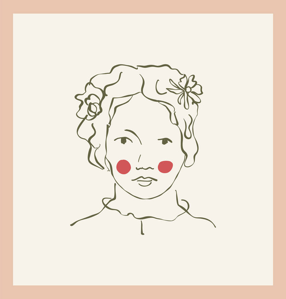 Retrato femenino con flor vector clipart único. Dibujo enmarcado de chica de dibujos animados en estilo garabato dibujado a mano. Ilustración facial para avatar web - Vector, Imagen