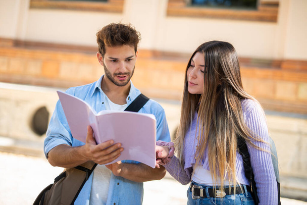 Male and female students studying together in front of their school - Φωτογραφία, εικόνα