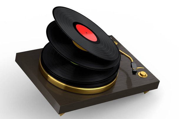 Vinyl record player or DJ turntable with flying vinyl plate on white background. 3d render of sound equipment and concept for sound entertainment. - 写真・画像