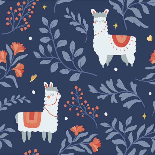 beautiful floral seamless pattern with llamas, vector illustration - Vector, afbeelding