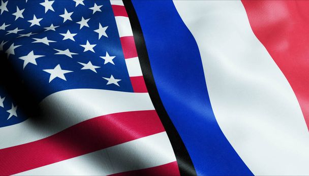 3D ondeando Francia y Estados Unidos Fusionada Bandera Vista de Primer plano - Foto, imagen