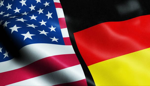 3D ondeando Alemania y Estados Unidos Fusionada Bandera Vista de Primer plano - Foto, imagen