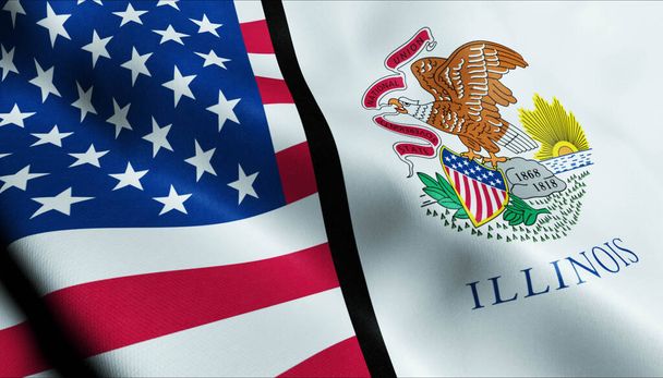 3D Waving Illinois State and USA Merged Flag Closeup View - Fotografie, Obrázek