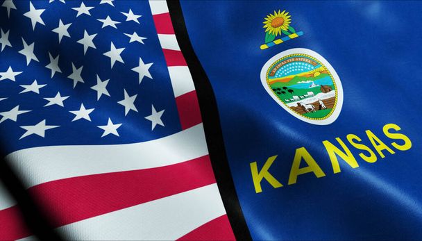 3D ondeando Kansas y Estados Unidos Fusionada Bandera Vista de Primer plano - Foto, imagen