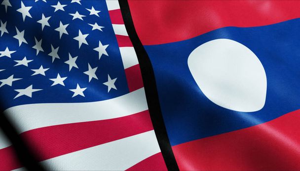 3D ondeando Laos y Estados Unidos Fusionada Bandera Vista de Primer plano - Foto, imagen