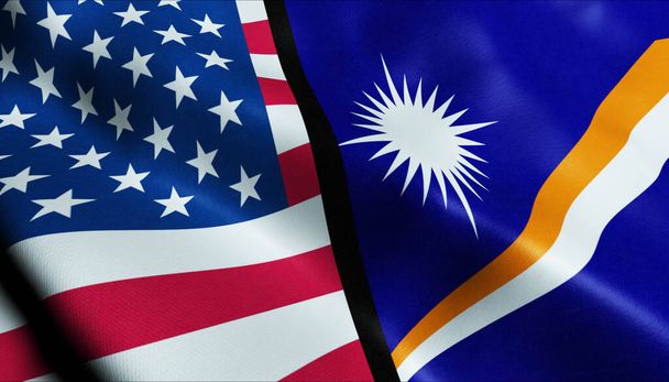 3D Waving Marshall Islands and USA Merged Flag Closeup View - Fotografie, Obrázek