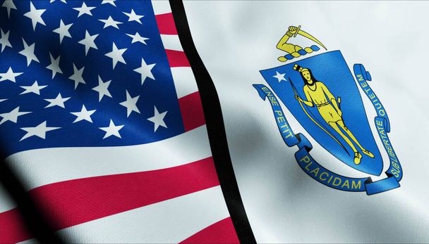 3Dウェーブマサチューセッツ州と米国の合併旗のクローズアップビュー - 写真・画像