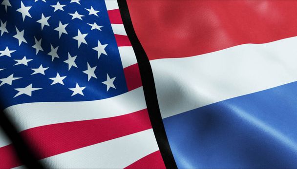 3D ondeando Países Bajos y Estados Unidos Fusionada Bandera Vista de Primer plano - Foto, imagen