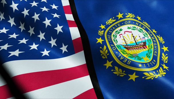 3D Waving New Hampshire and USA Vue rapprochée du drapeau fusionné - Photo, image