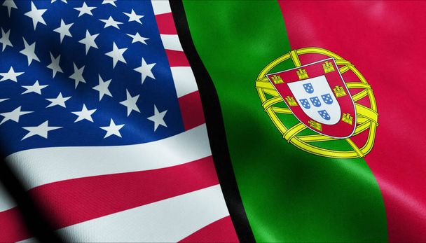 3D ondeando Portugal y Estados Unidos Fusionada Bandera Vista de Primer plano - Foto, imagen
