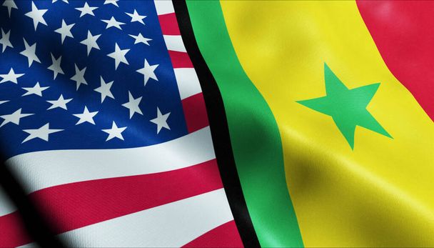 3D ondeando Senegal y Estados Unidos Fusionada Bandera Vista de Primer plano - Foto, imagen