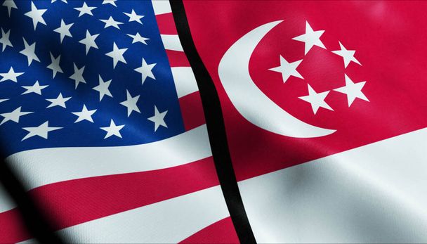 3Dウェーブシンガポールと米国の合併旗のクローズアップビュー - 写真・画像