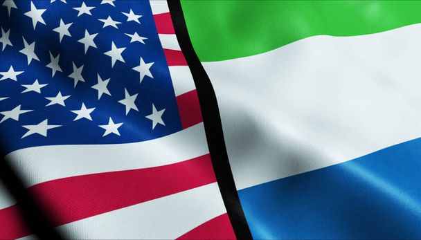 3D ondeando Sierra Loeone y Estados Unidos Fusionada Bandera Vista de Primer plano - Foto, imagen