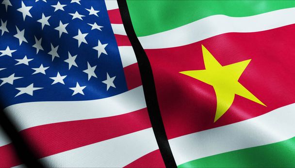 3D ondeando Surinam y Estados Unidos Fusionada Bandera Vista de Primer plano - Foto, imagen