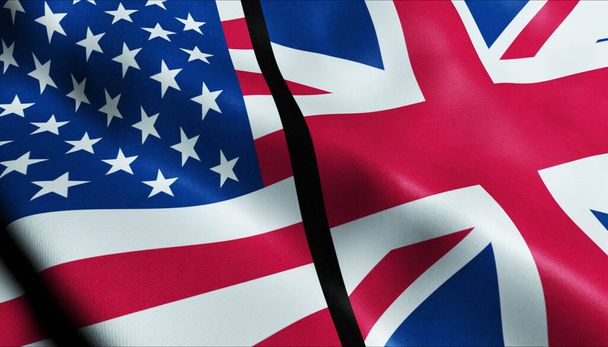 3D ondeando Reino Unido y Estados Unidos Fusionada Bandera Vista de Primer plano - Foto, imagen