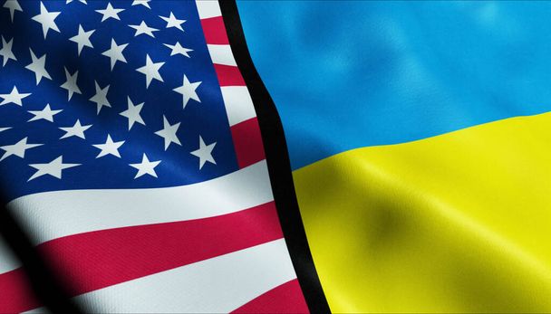 3D ondeando Ucrania y Estados Unidos Fusionada Bandera Vista de Primer plano - Foto, imagen