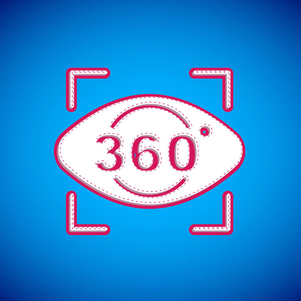 White 360 degree view icon isolated on blue background. Virtual reality. Angle 360 degree camera. Panorama photo.  Vector - Vector, Image