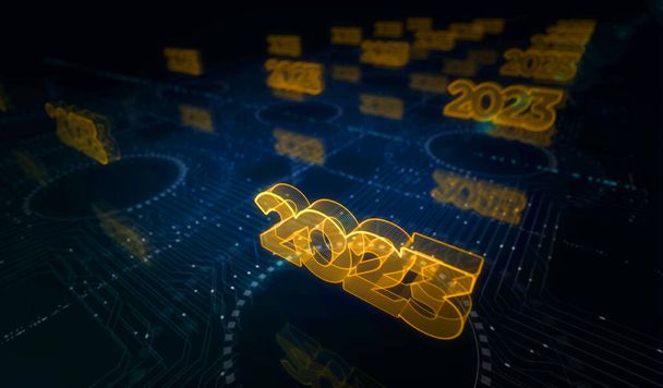 2023 yıllık fütürist yeni neon sembolü dijital konsept. Ağ, siber teknoloji ve bilgisayar arkaplanı soyut 3D resimleme. - Fotoğraf, Görsel