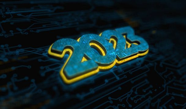2023 χρόνια φουτουριστικό νέο νέον σύμβολο ψηφιακή έννοια. Δίκτυο, τεχνολογία στον κυβερνοχώρο και φόντο υπολογιστή αφηρημένη τρισδιάστατη απεικόνιση. - Φωτογραφία, εικόνα