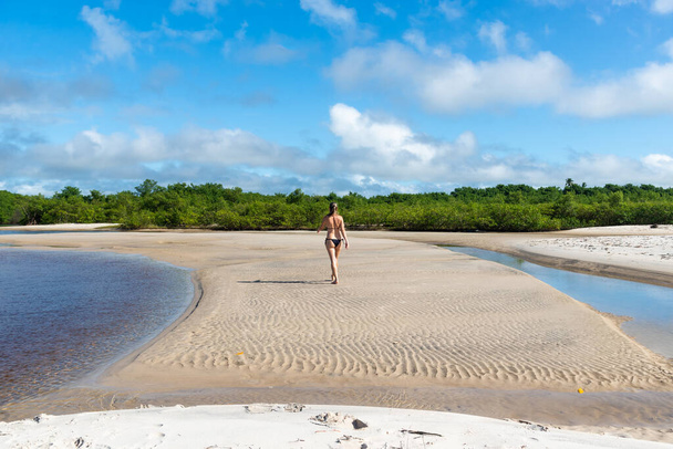 An adult woman in a bikini walking under strong sunlight on Guaibim beach in the city of Valenca, Brazilian state of Bahia. Travel and fun. - Zdjęcie, obraz
