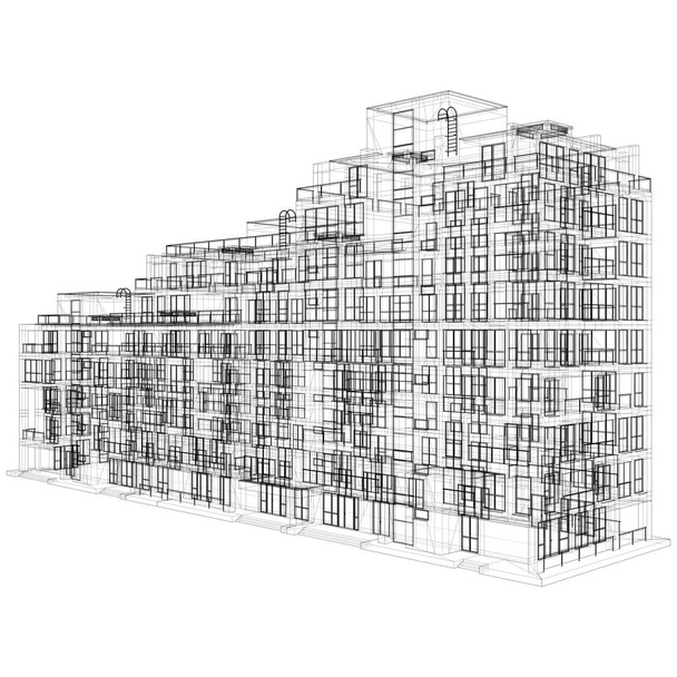 Modern Residential Building Vector. Constructions Of Lines Illustration Isolated On White Black Background. A vector illustration Of A Building Block. - Vector, Image