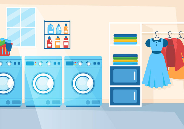 Služba čistírny oděvů s pračkami, sušičkami a prádlem pro čisté oblečení v ploché kreslené ručně kreslené šablony Ilustrace - Vektor, obrázek