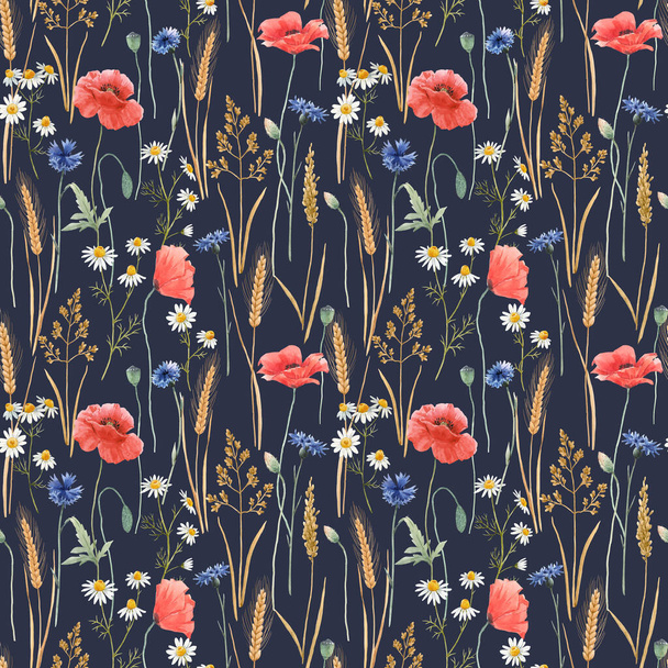 Beautiful floral seamless pattern with watercolor field wild flowers. Stock illustration. - Фото, изображение