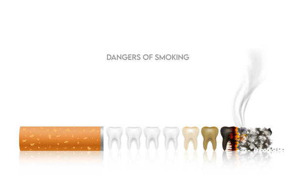 Dangers of smoking, Teeth with cigarette. Smoking effect on human teeth. Dental care concept. Stop smoking, World No Tobacco Day. Illustration on white background. - Vetor, Imagem