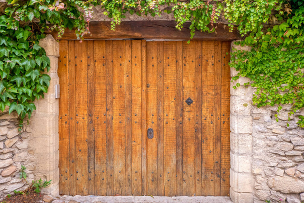 Rustykalne, podwójne drewniane drzwi wejściowe w zewnętrznej kamiennej ścianie, oprawione winoroślą wspinaczkową, Prowansja, Francja. - Zdjęcie, obraz