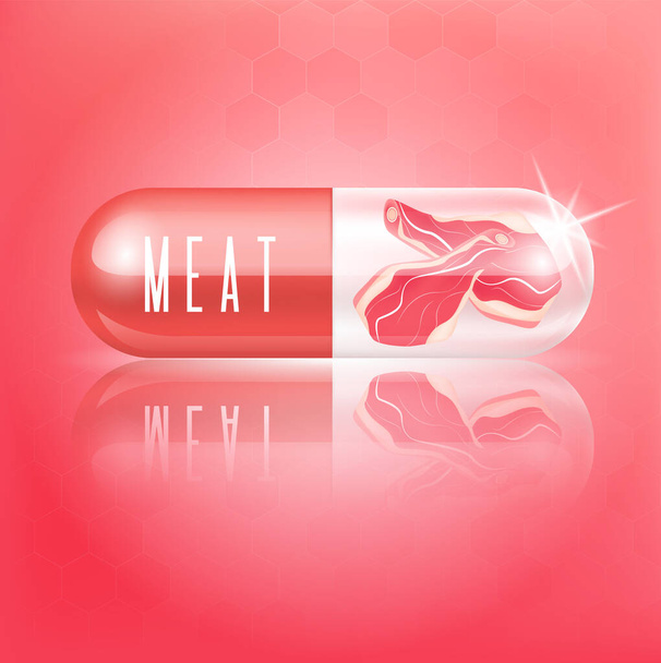 Meat in capsule vitamin red. Choose foods that are beneficial to the body. Medical food concept. On orange background Realistic 3D Vector illustration. - Vector, Image