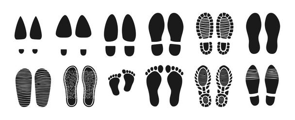 Shoes and barefoot footprints. Isolated step tread or vector foot traces with baby feet. Human barefoot and sneakers sole, tracking boot, woman shoe on heels and flip flops, slippers black trails - Vector, Image