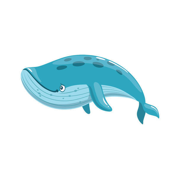 Dessin animé personnage de baleine, bleu animal marin mignon, vecteur poisson heureux. Drôle de dessin animé bébé baleine avec des nageoires et la queue dans l'eau de l'océan, sous-marin marin ou sous-marin gros poissons - Vecteur, image