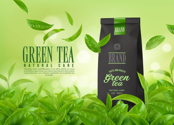 Φυτικό πράσινο τσάι φύλλα συσκευασίας και φυτεία τσαγιού. Διάνυσμα φόντο με φύλλα που πέφτουν, 3d οργανική τσάντα προϊόν. Διαφήμιση φυσικών ποτών με θαμπάδα αφοδευμένη αποτέλεσμα ρεαλιστική αφίσα - Διάνυσμα, εικόνα