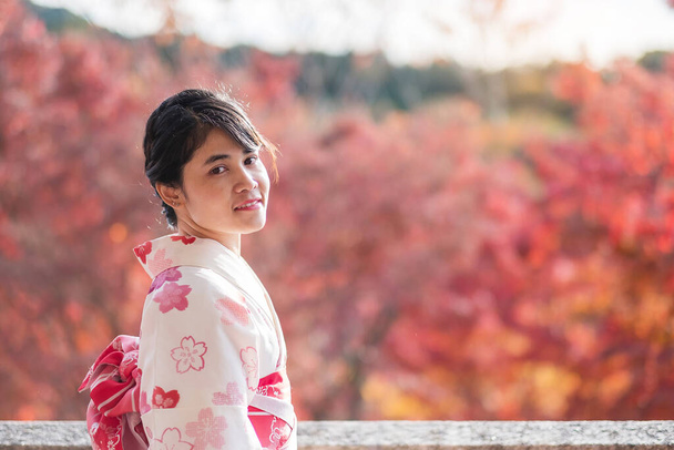 Юна жінка - туристка, що носить кімоно, насолоджується барвистим листям у храмі Кіомідзу - дера (Кіото, Японія). Азійська дівчинка з зачіскою в традиційному японському одязі в осінній сезон листя - Фото, зображення