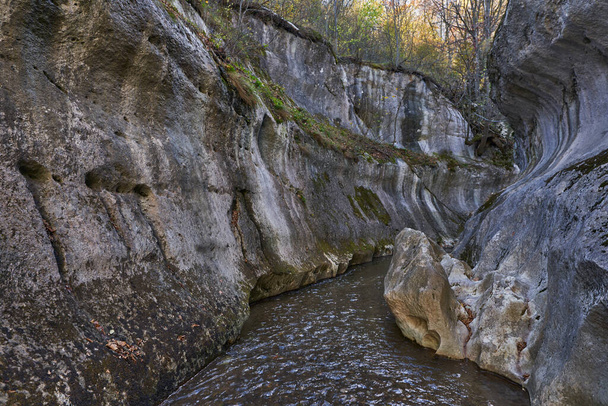Paisagem com um desfiladeiro rochoso e um rio nas montanhas de calcário - Foto, Imagem